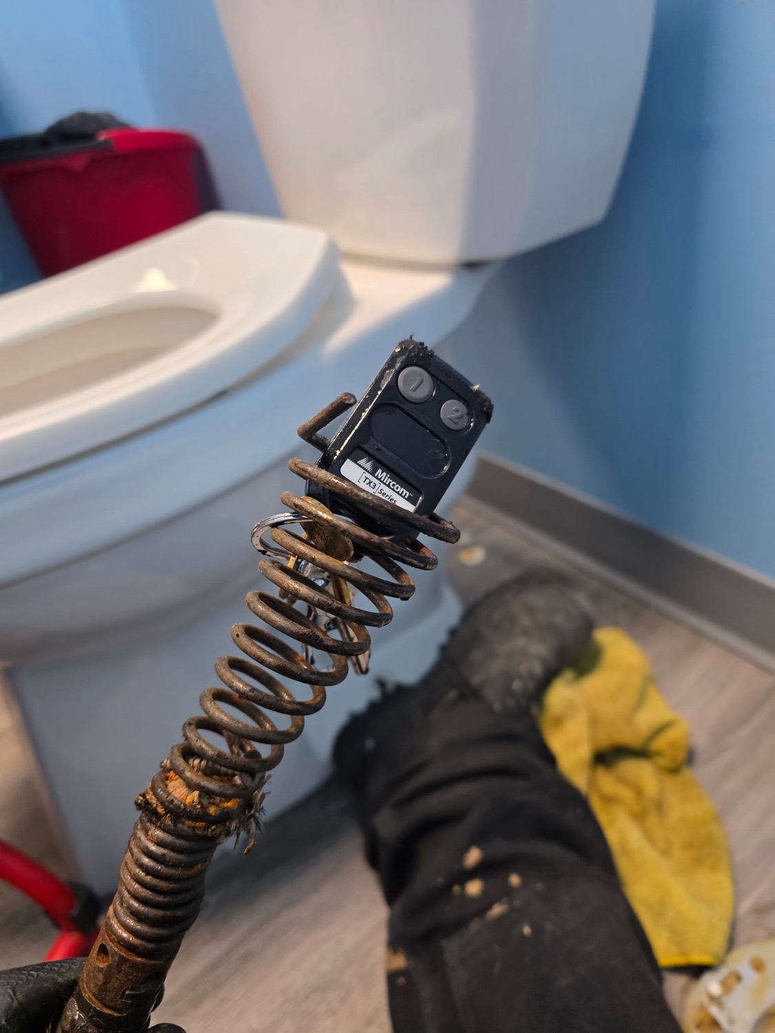 Drain machine cable and head pulled from a toilet in a bathroom